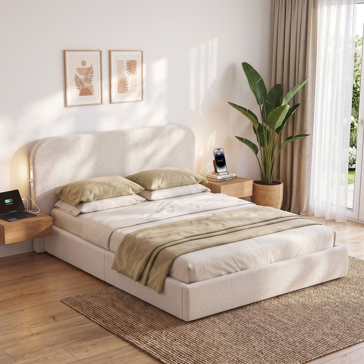 Queen Bed Frame with Bouclé Headboard, USB-C Charging & Night Lights