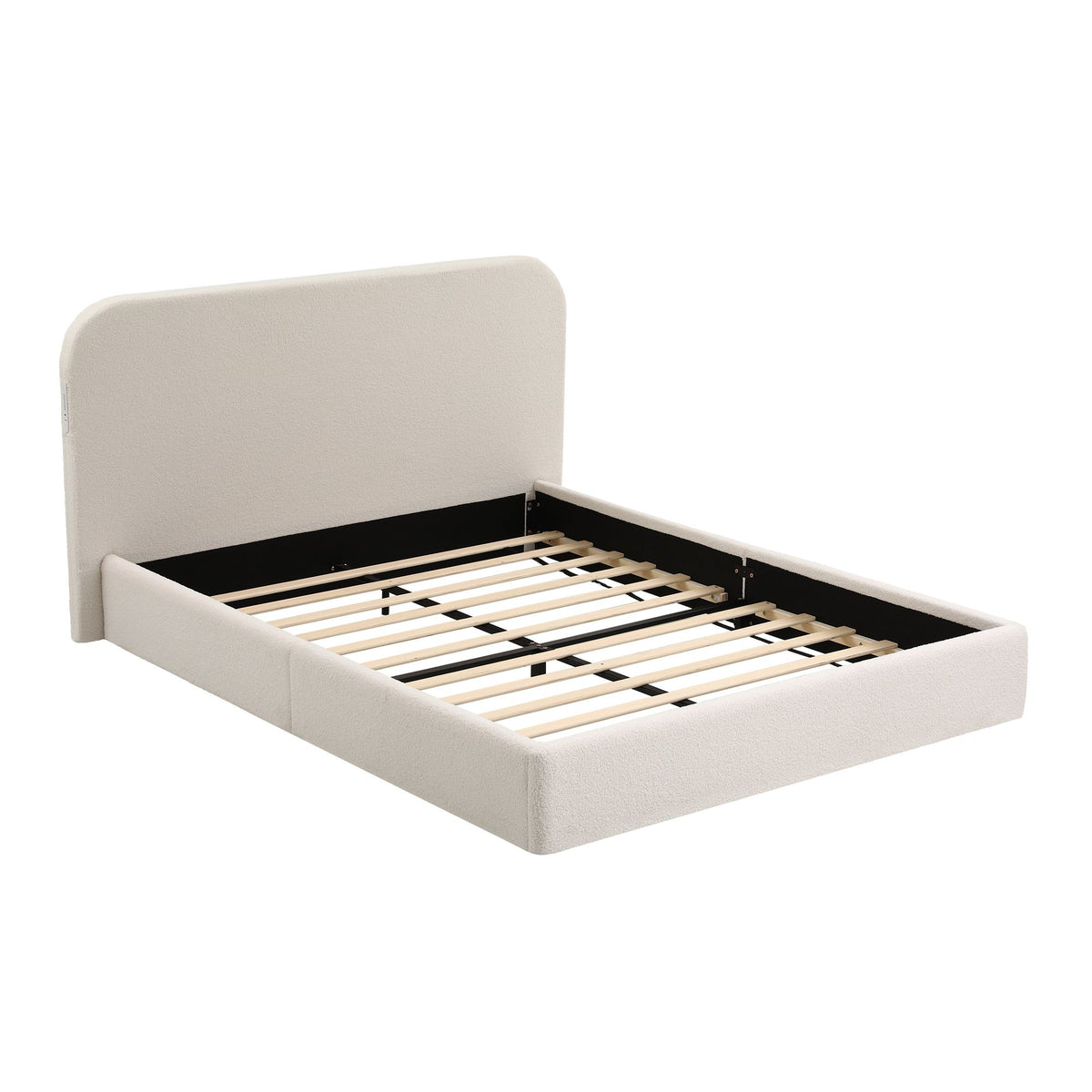 Queen Bed Frame with Bouclé Headboard, USB-C Charging & Night Lights
