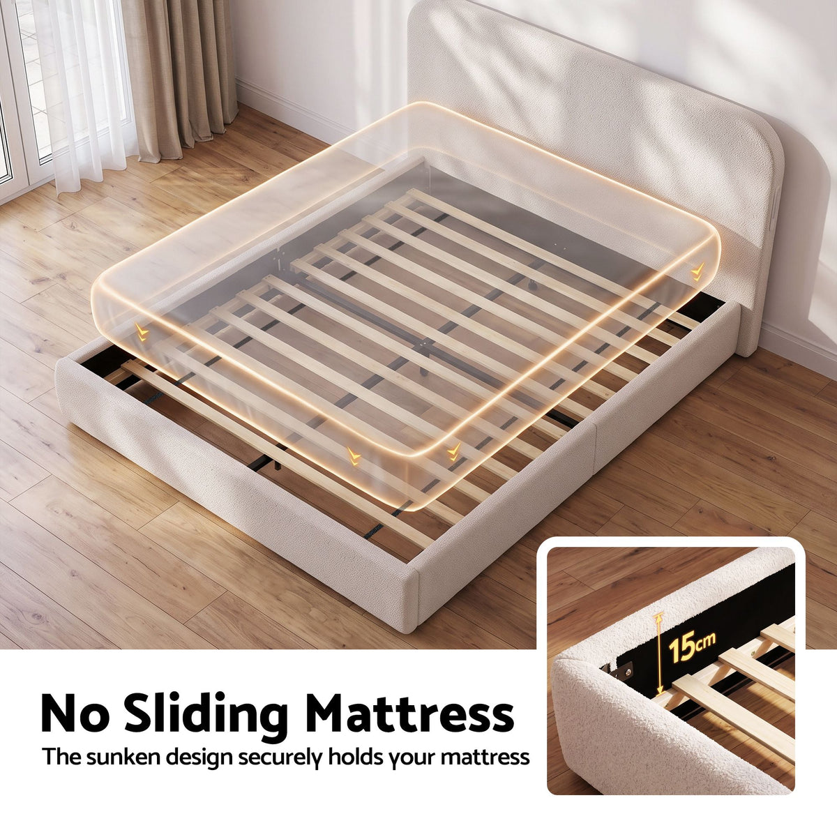 Queen Bed Frame with Bouclé Headboard, USB-C Charging & Night Lights