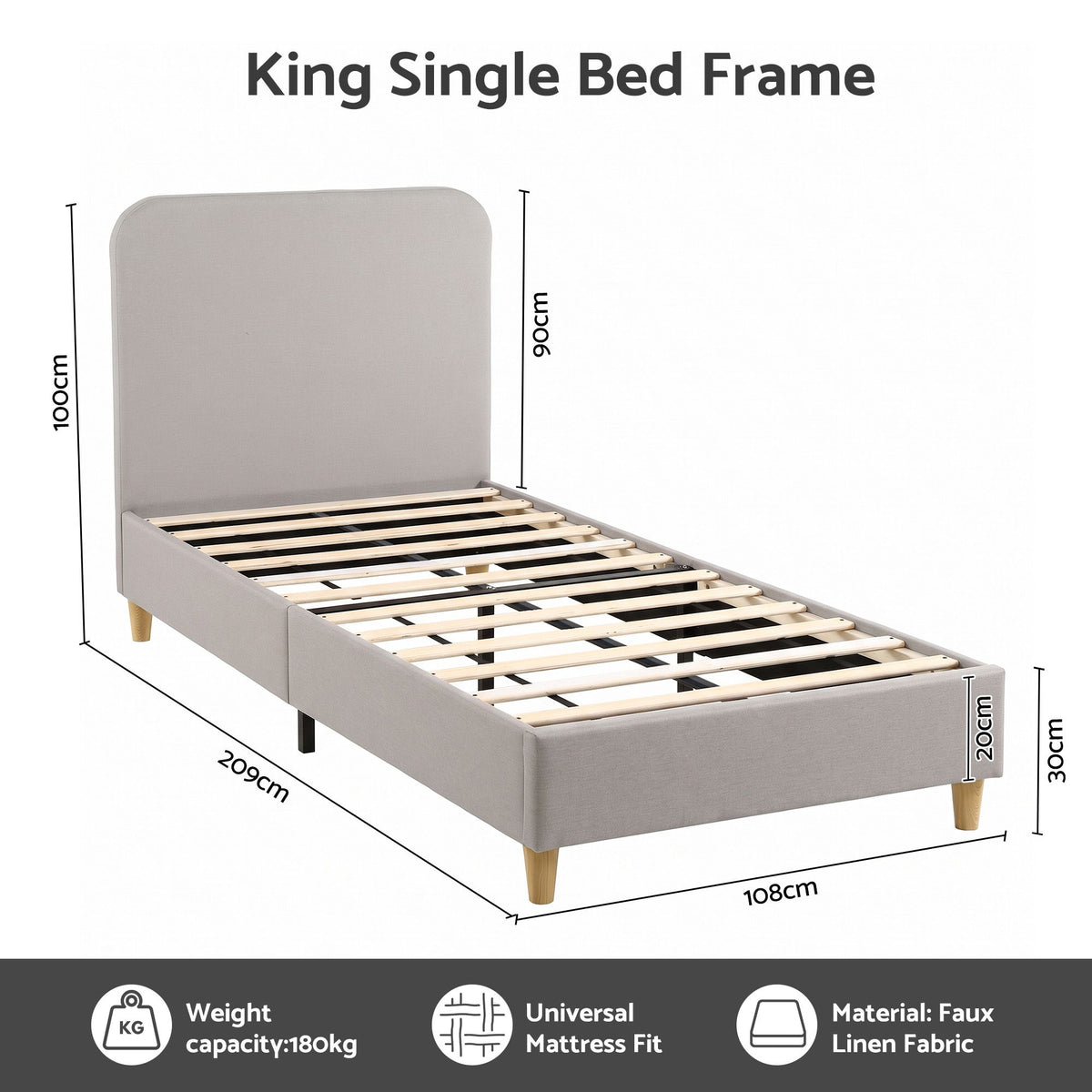 King Single Upholstered Bed Frame with Headboard Faux Linen Fabric - Grey
