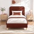 King Single Upholstered Bed Frame with Headboard - Brown Faux Linen