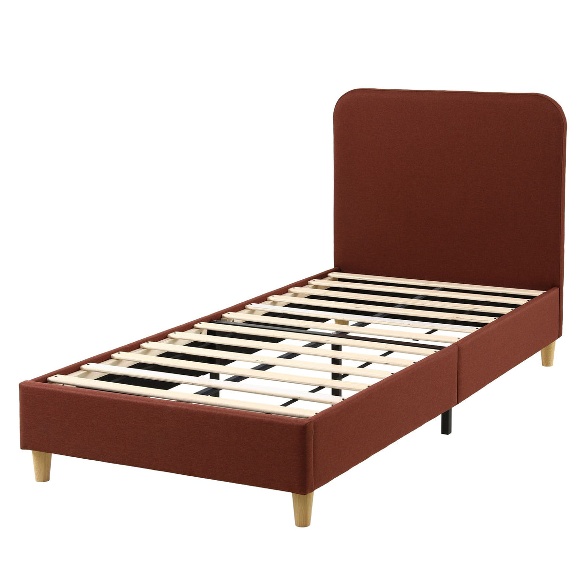King Single Upholstered Bed Frame with Headboard - Brown Faux Linen