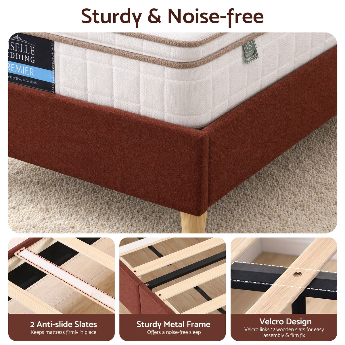 King Single Upholstered Bed Frame with Headboard - Brown Faux Linen