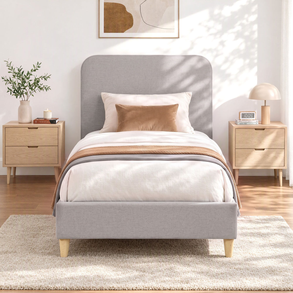Single Upholstered Bed Frame with Padded Headboard - Grey Faux Linen