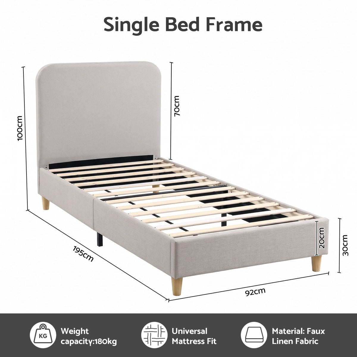Single Upholstered Bed Frame with Padded Headboard - Grey Faux Linen