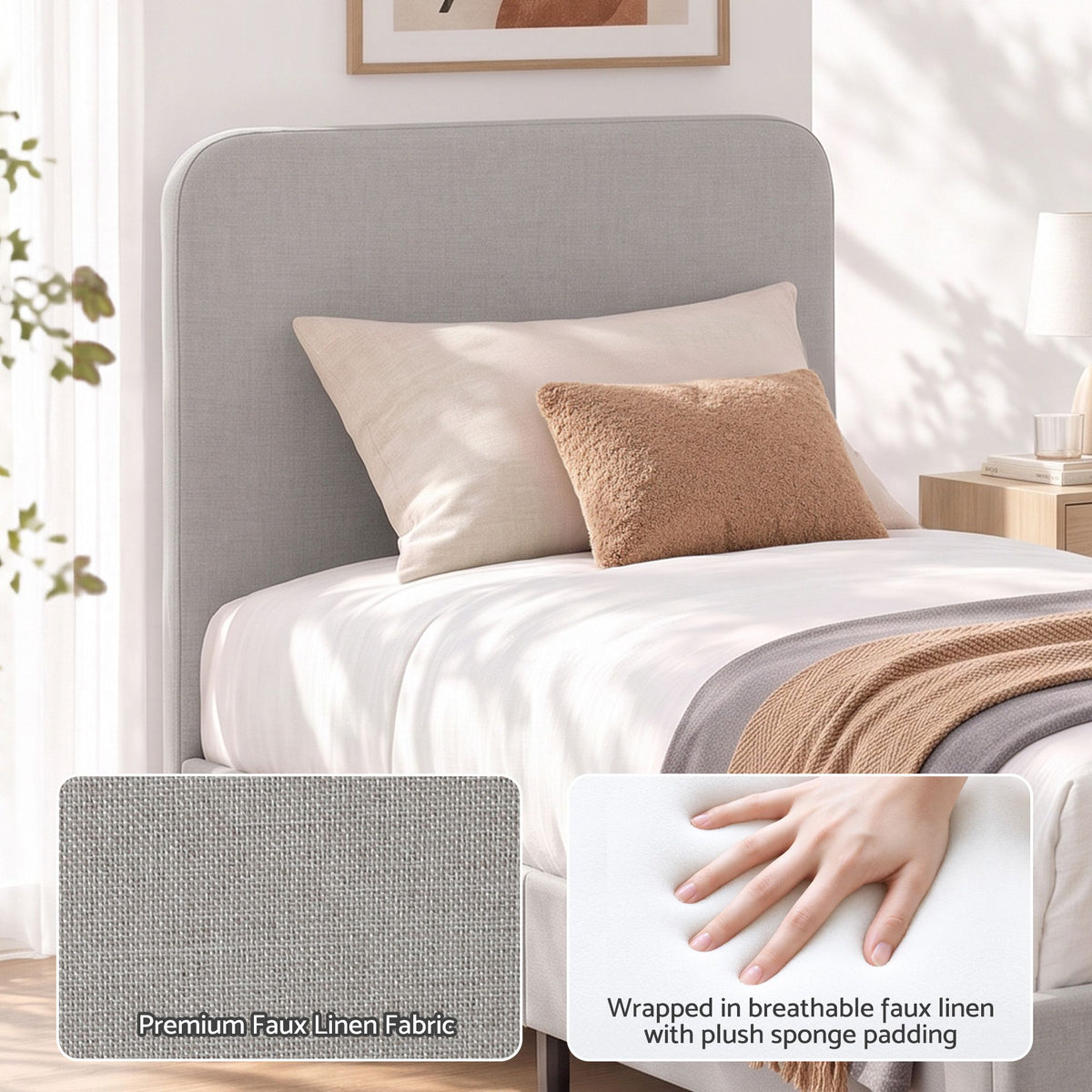 Single Upholstered Bed Frame with Padded Headboard - Grey Faux Linen