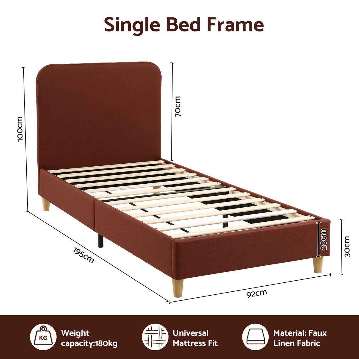 Single Upholstered Bed Frame with Headboard, Faux Linen Fabric - Brown