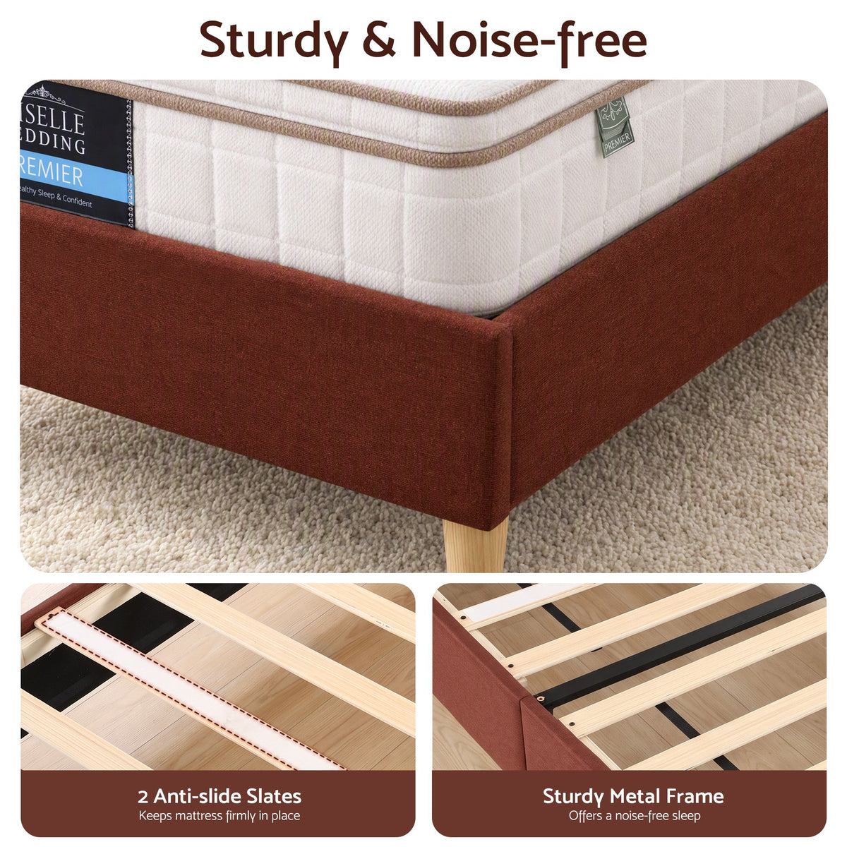 Single Upholstered Bed Frame with Headboard, Faux Linen Fabric - Brown