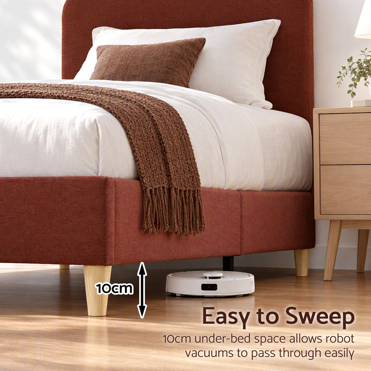 Single Upholstered Bed Frame with Headboard, Faux Linen Fabric - Brown