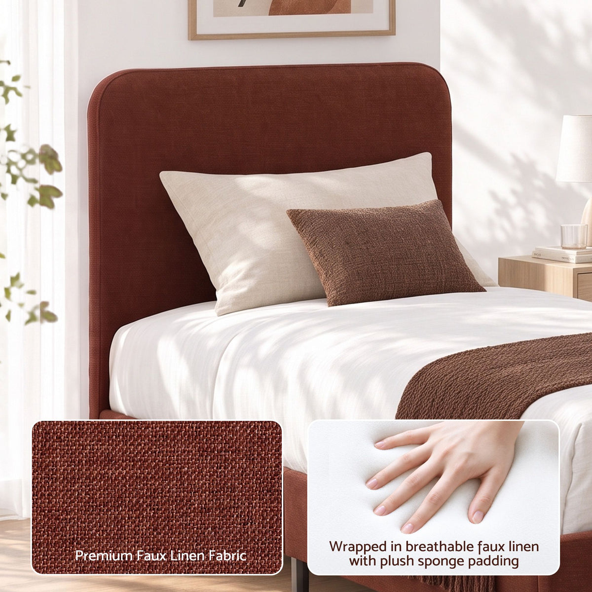 Single Upholstered Bed Frame with Headboard, Faux Linen Fabric - Brown