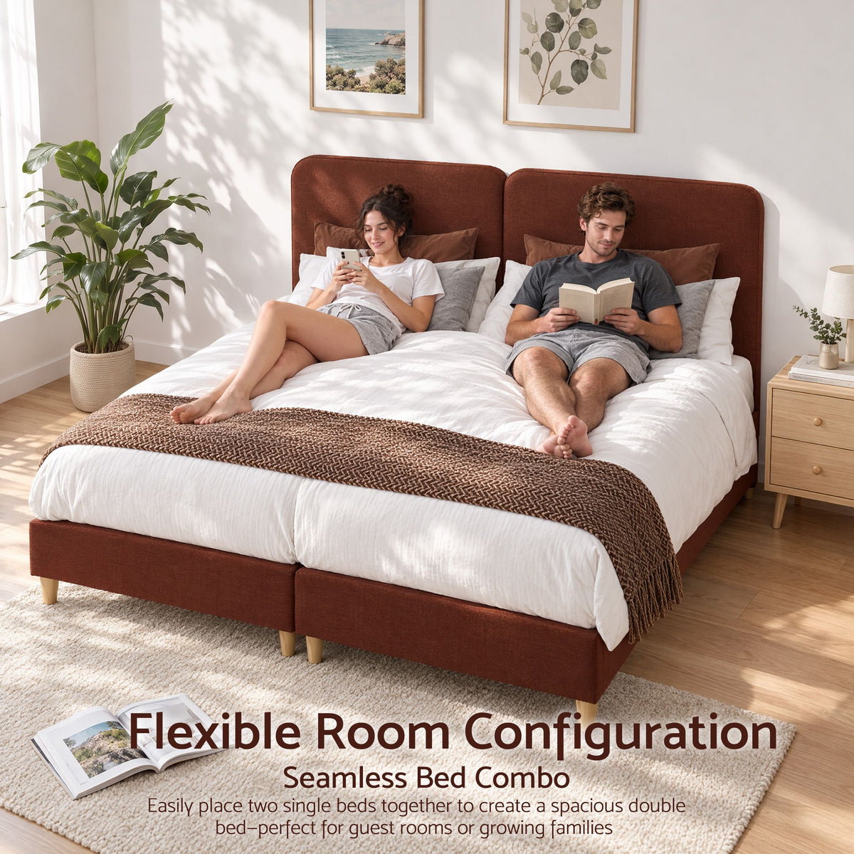 Single Upholstered Bed Frame with Headboard, Faux Linen Fabric - Brown