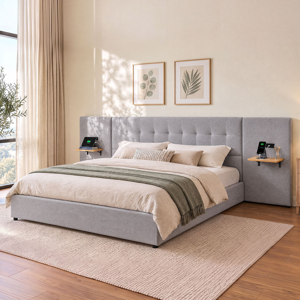 King Bed Frame with Wide Upholstered Headboard, Floating Shelves & USB Ports - Grey