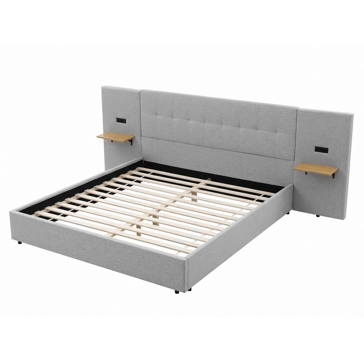 King Bed Frame with Wide Upholstered Headboard, Floating Shelves & USB Ports - Grey