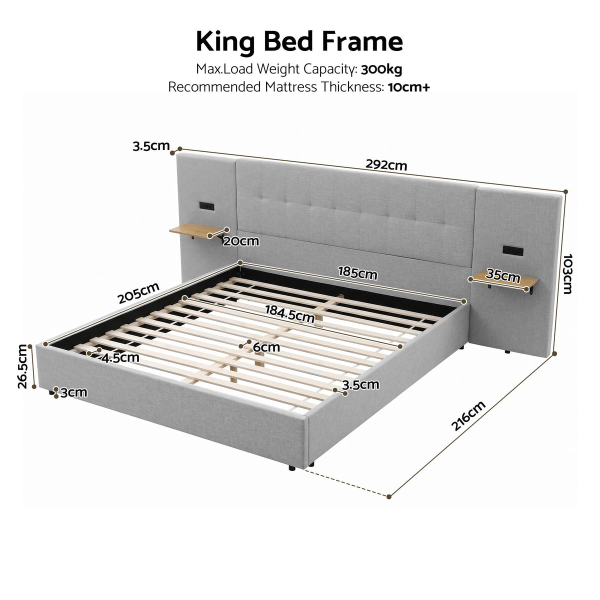 King Bed Frame with Wide Upholstered Headboard, Floating Shelves & USB Ports - Grey