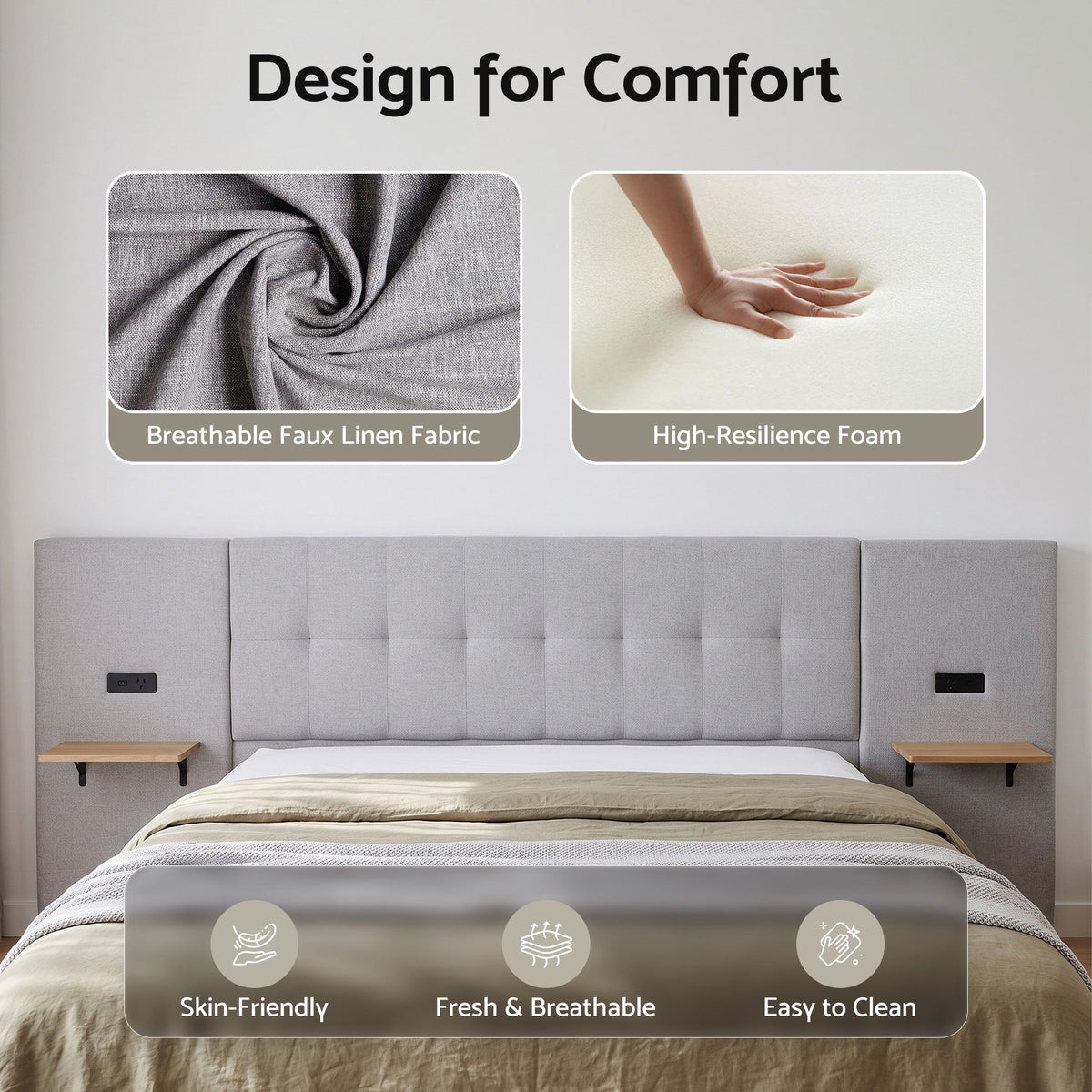 King Bed Frame with Wide Upholstered Headboard, Floating Shelves & USB Ports - Grey