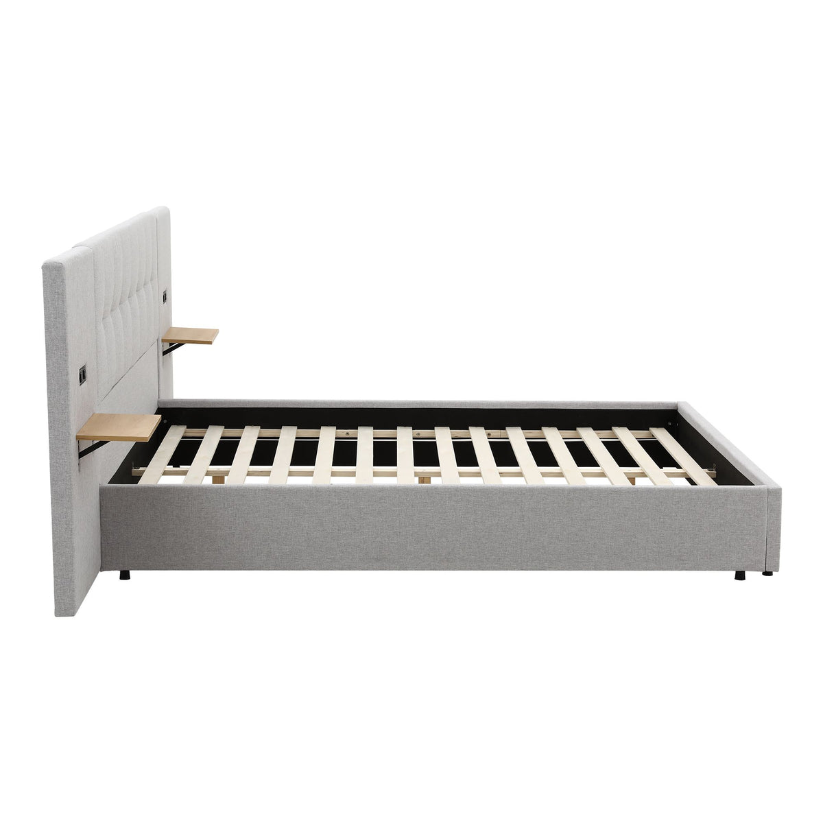 Queen Bed Frame with Wide Upholstered Headboard, Floating Shelves & USB Ports - Grey