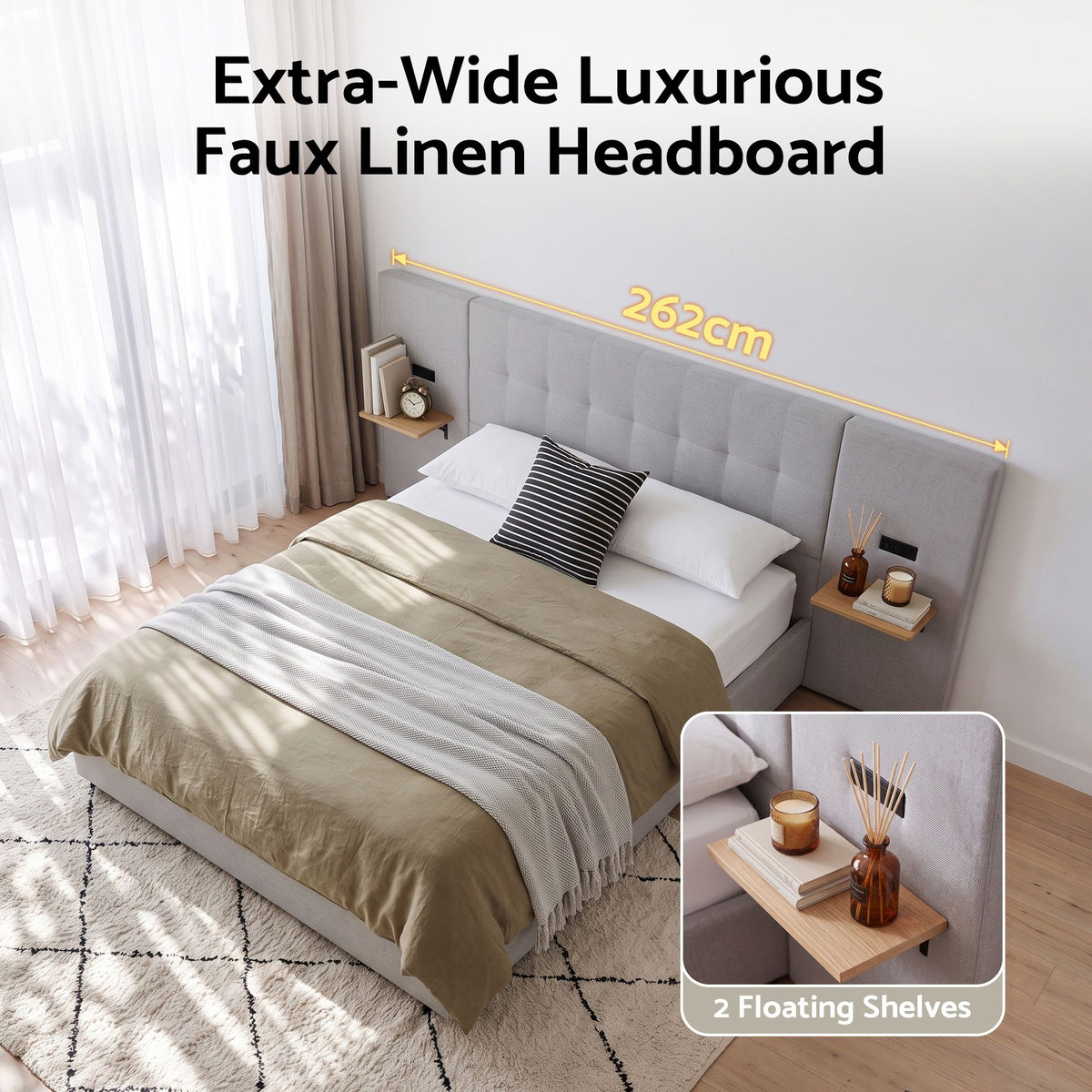 Queen Bed Frame with Wide Upholstered Headboard, Floating Shelves & USB Ports - Grey