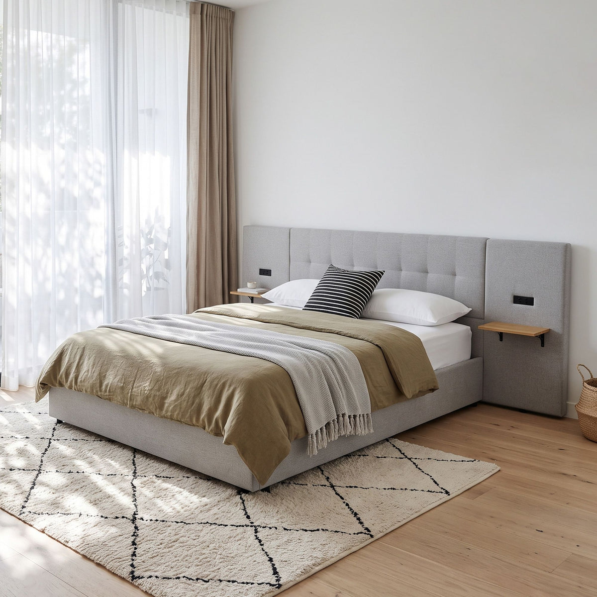 Queen Bed Frame with Wide Upholstered Headboard, Floating Shelves & USB Ports - Grey