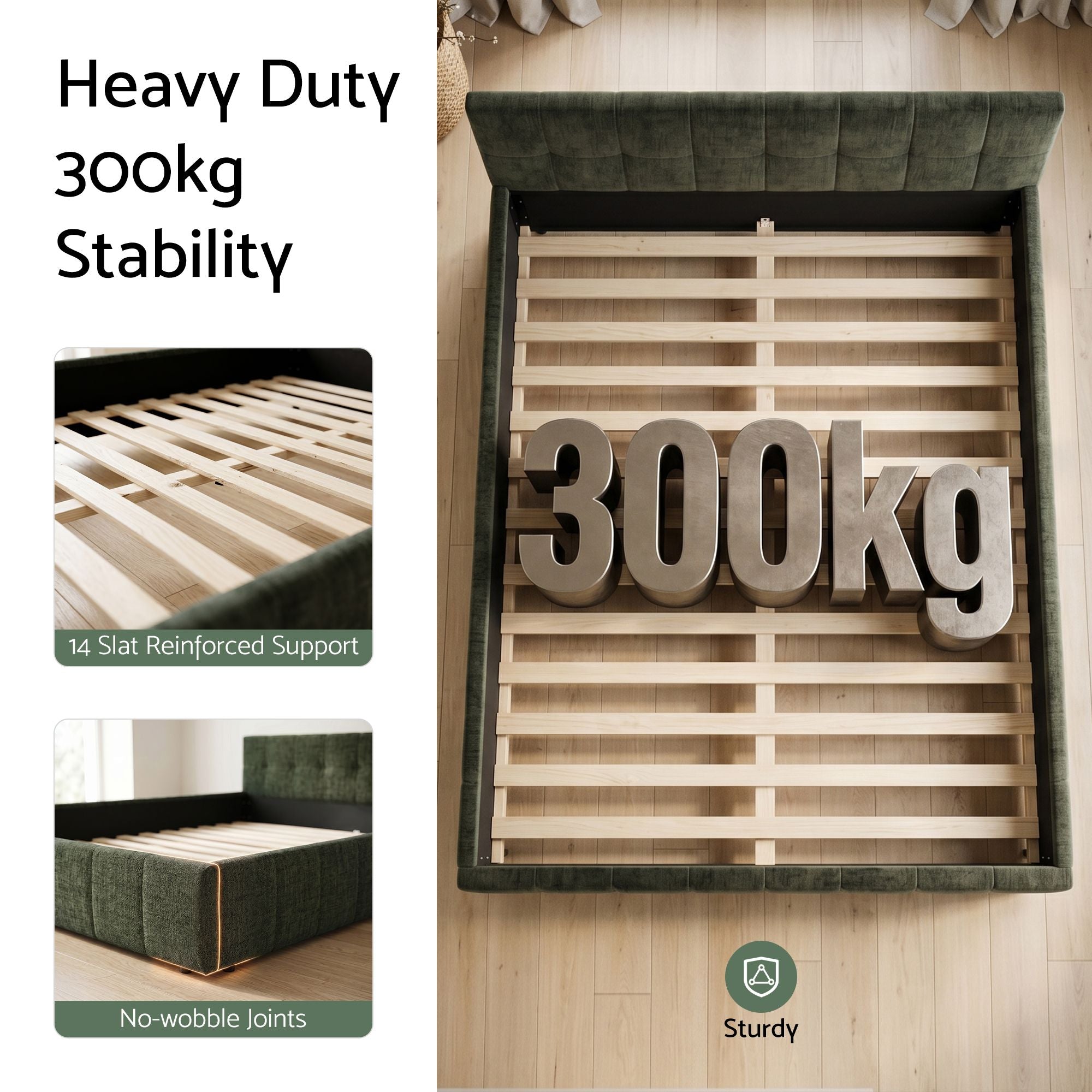 King Bed Frame Heavy Duty Platform Base 300kg Support - Green