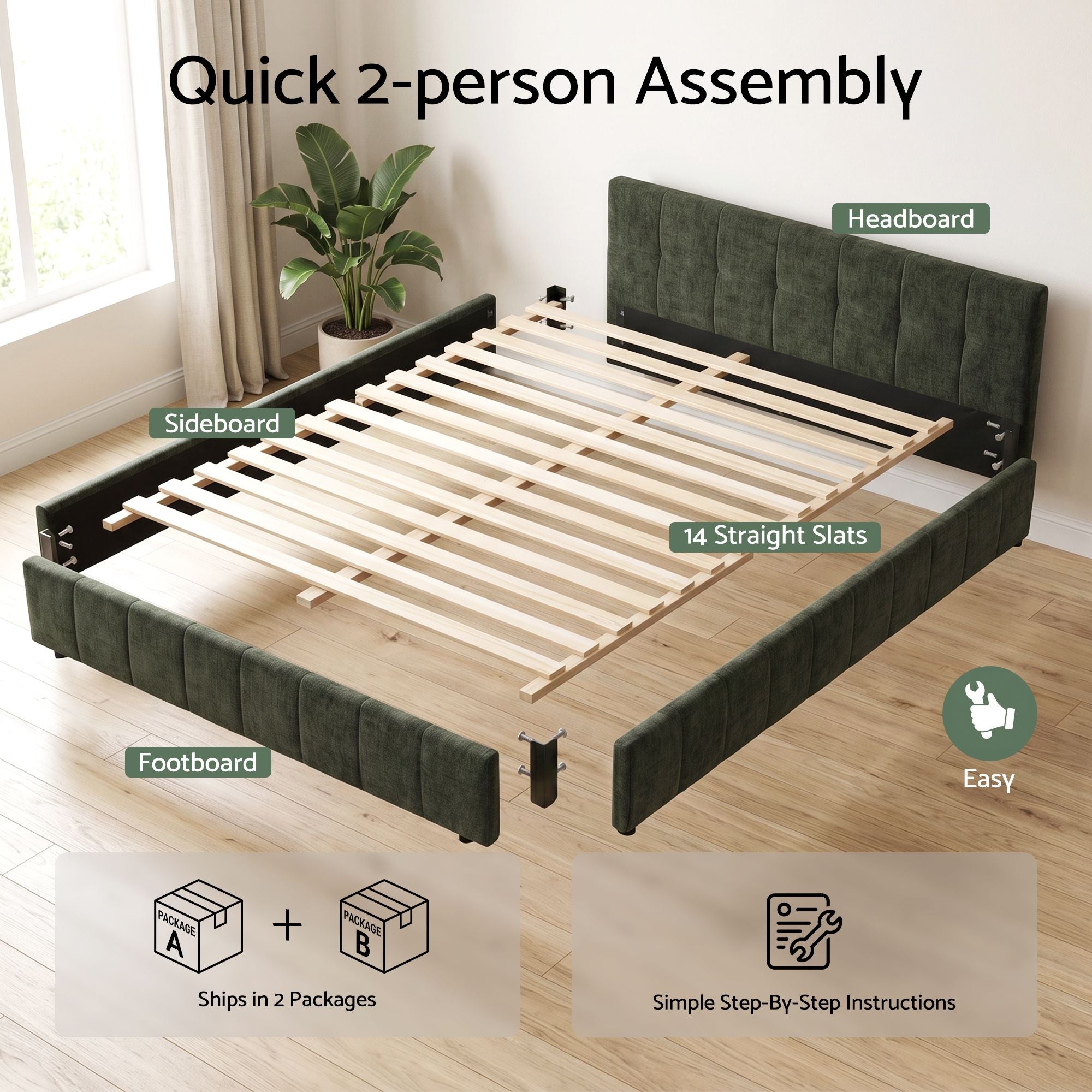 King Bed Frame Heavy Duty Platform Base 300kg Support - Green