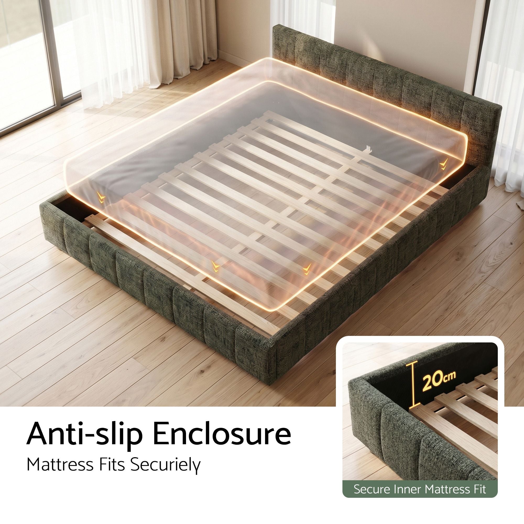 Queen Chenille Platform Bed Frame 163x213x60cm 300kg Support - Green