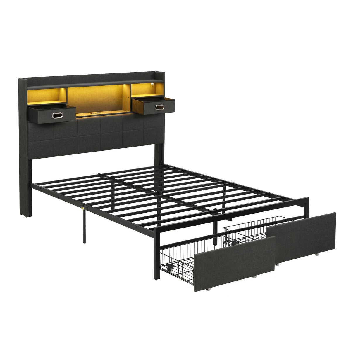 Double Bed Frame with Storage Drawers, Headboard, USB Charging & RGB LED Light