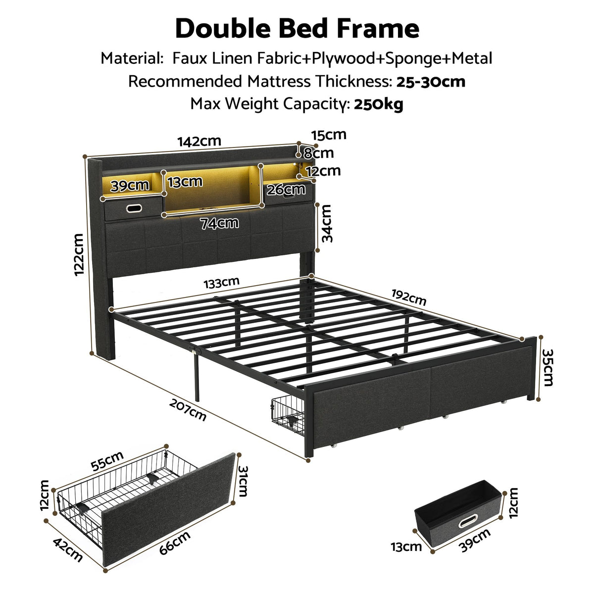 Double Bed Frame with Storage Drawers, Headboard, USB Charging & RGB LED Light