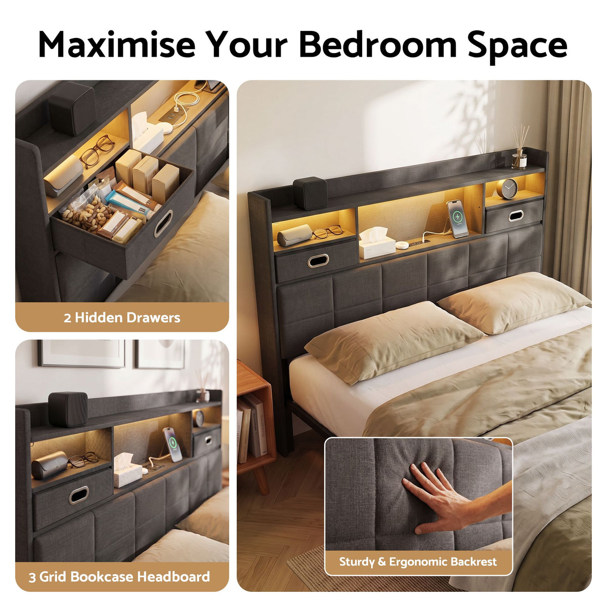 Double Bed Frame with Storage Drawers, Headboard, USB Charging & RGB LED Light
