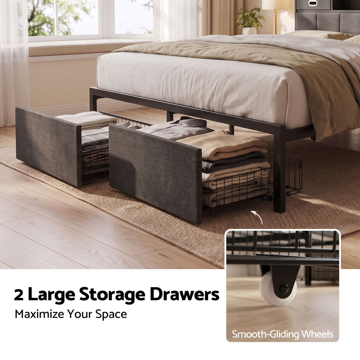Double Bed Frame with Storage Drawers, Headboard, USB Charging & RGB LED Light