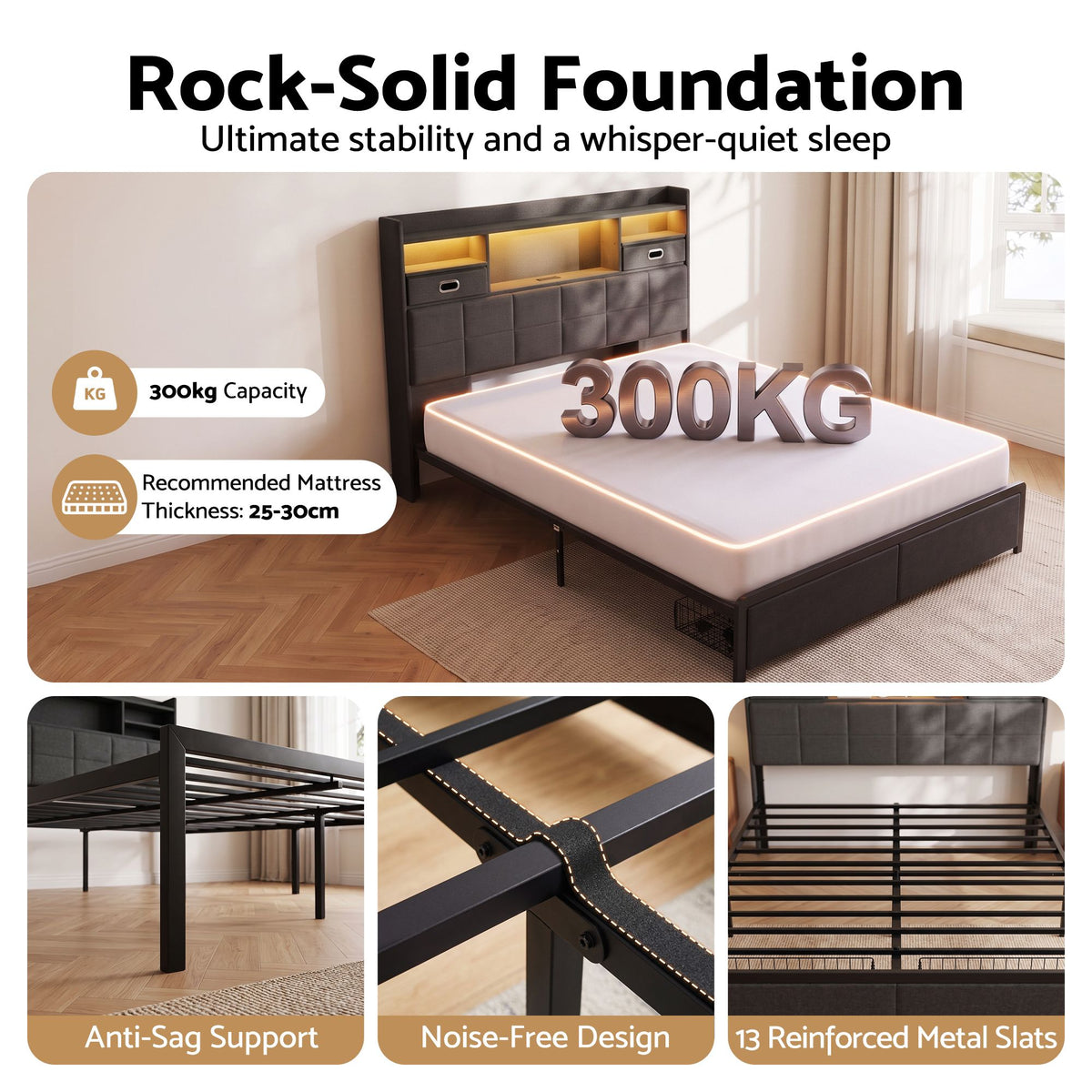 Double Bed Frame with Storage Drawers, Headboard, USB Charging & RGB LED Light
