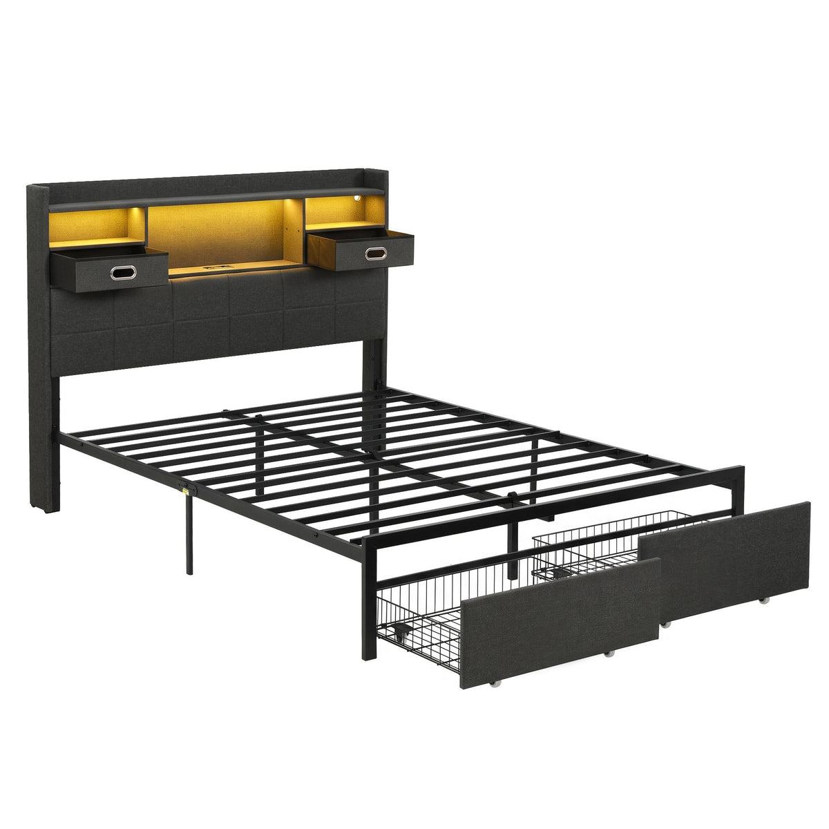 Queen Bed Frame with Storage Drawers, USB Charging & LED Lighting - Dark Grey