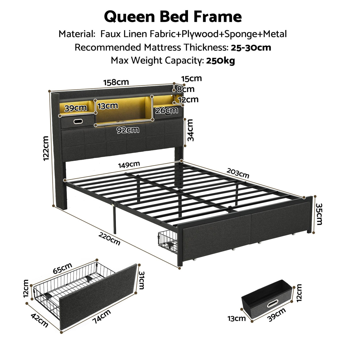 Queen Bed Frame with Storage Drawers, USB Charging & LED Lighting - Dark Grey