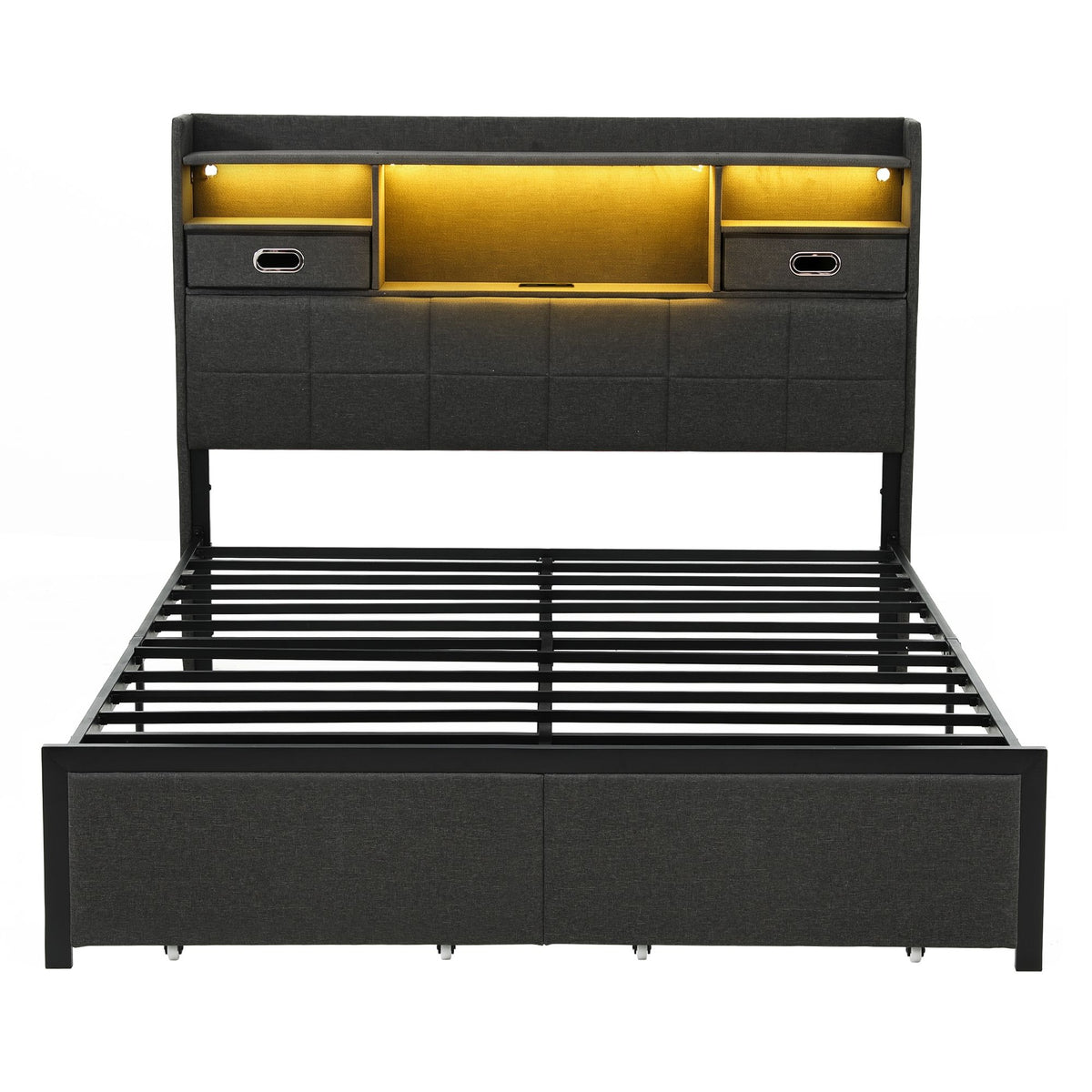 Queen Bed Frame with Storage Drawers, USB Charging & LED Lighting - Dark Grey