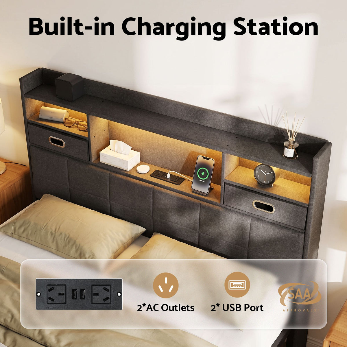 Queen Bed Frame with Storage Drawers, USB Charging & LED Lighting - Dark Grey