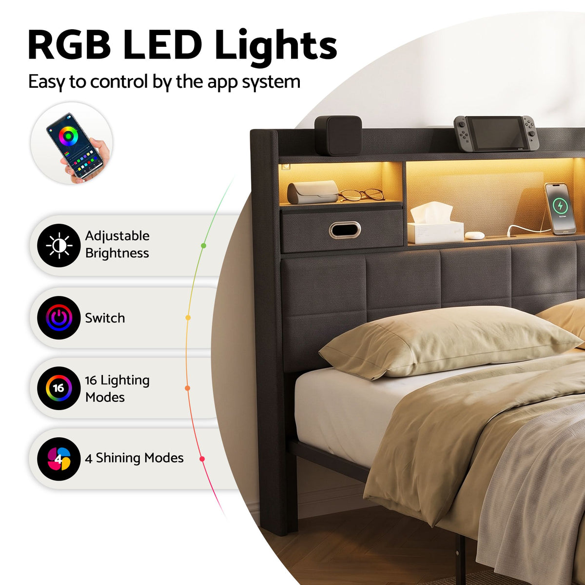 Queen Bed Frame with Storage Drawers, USB Charging & LED Lighting - Dark Grey