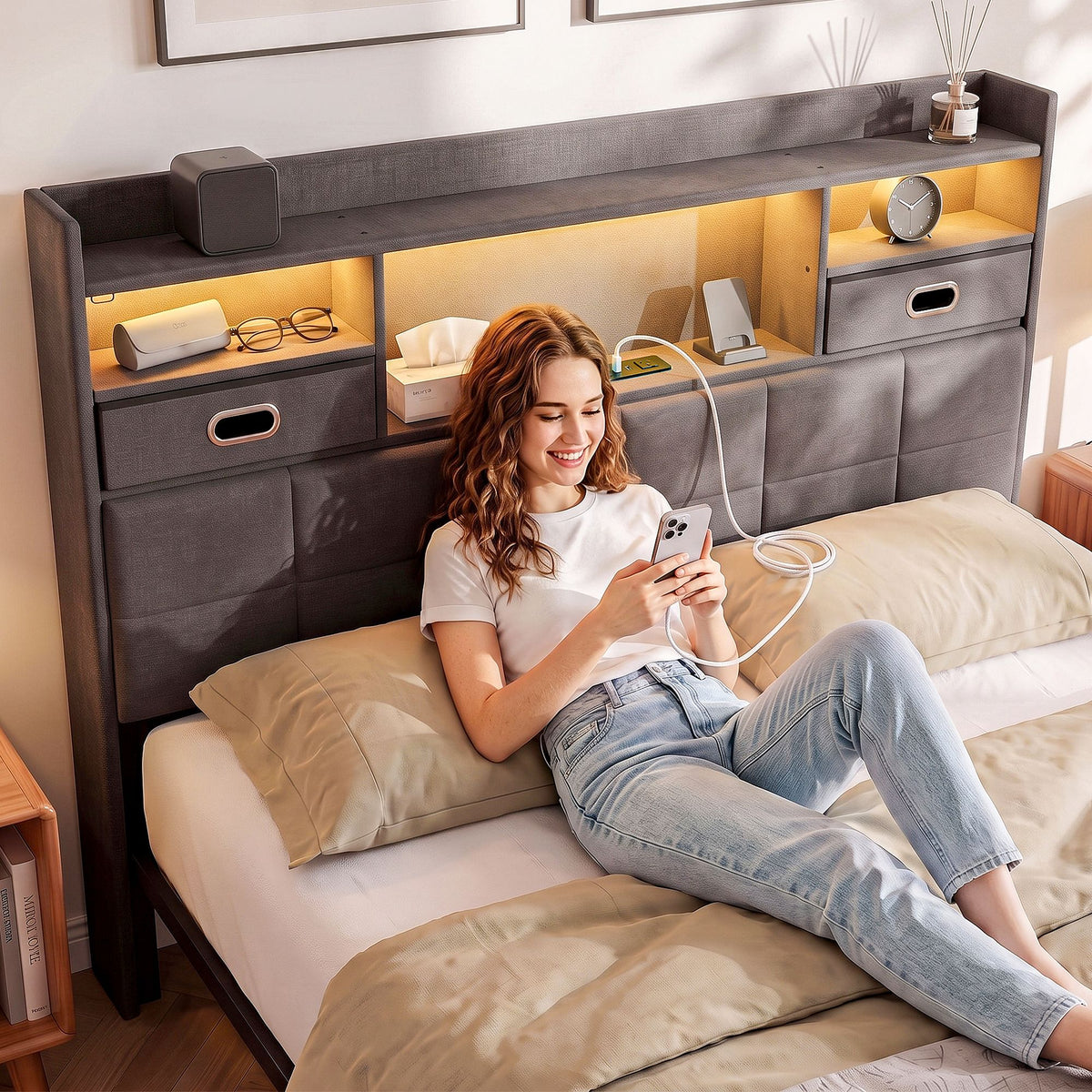 Queen Bed Frame with Storage Drawers, USB Charging & LED Lighting - Dark Grey
