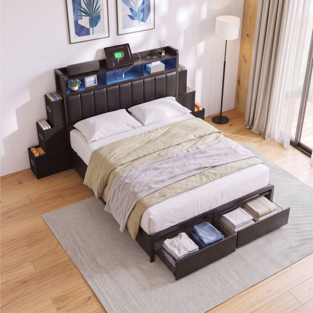 Double Bed Frame with Storage Headboard, 2 Drawers, Charging Station & LED Light - Black