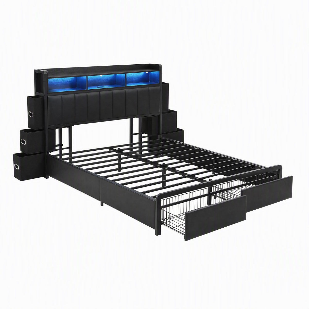 Double Bed Frame with Storage Headboard, 2 Drawers, Charging Station & LED Light - Black