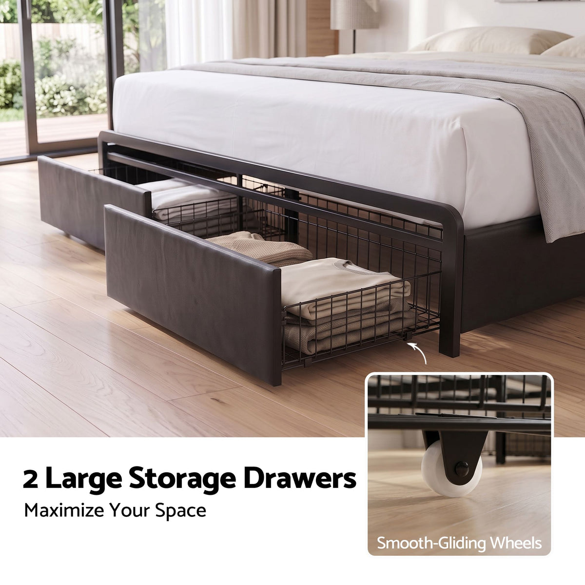 Double Bed Frame with Storage Headboard, 2 Drawers, Charging Station & LED Light - Black