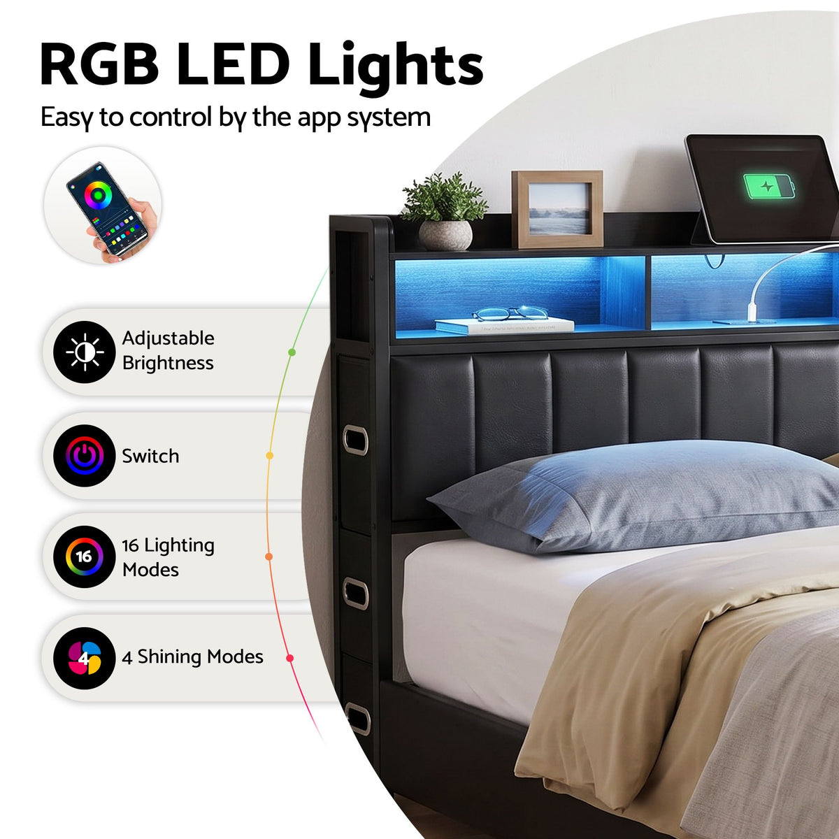 Double Bed Frame with Storage Headboard, 2 Drawers, Charging Station & LED Light - Black