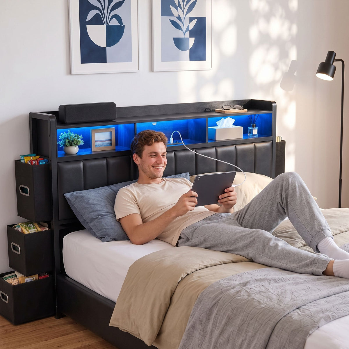 Double Bed Frame with Storage Headboard, 2 Drawers, Charging Station & LED Light - Black