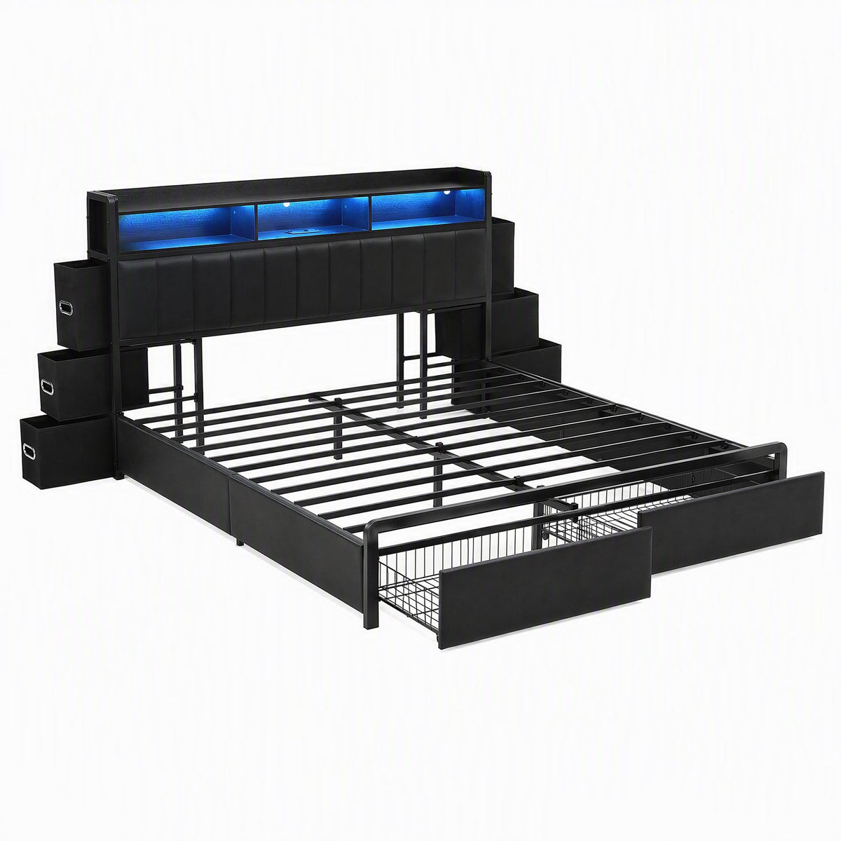 King Bed Frame with Storage Headboard, 2 Drawers, Charging Station & LED Light - Black