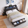Queen Bed Frame with Storage Headboard, 2 Drawers, Charging Station & LED Light - Black