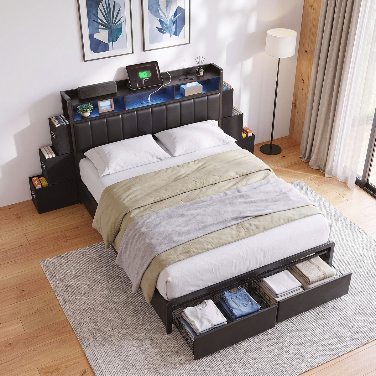 Queen Bed Frame with Storage Headboard, 2 Drawers, Charging Station & LED Light - Black