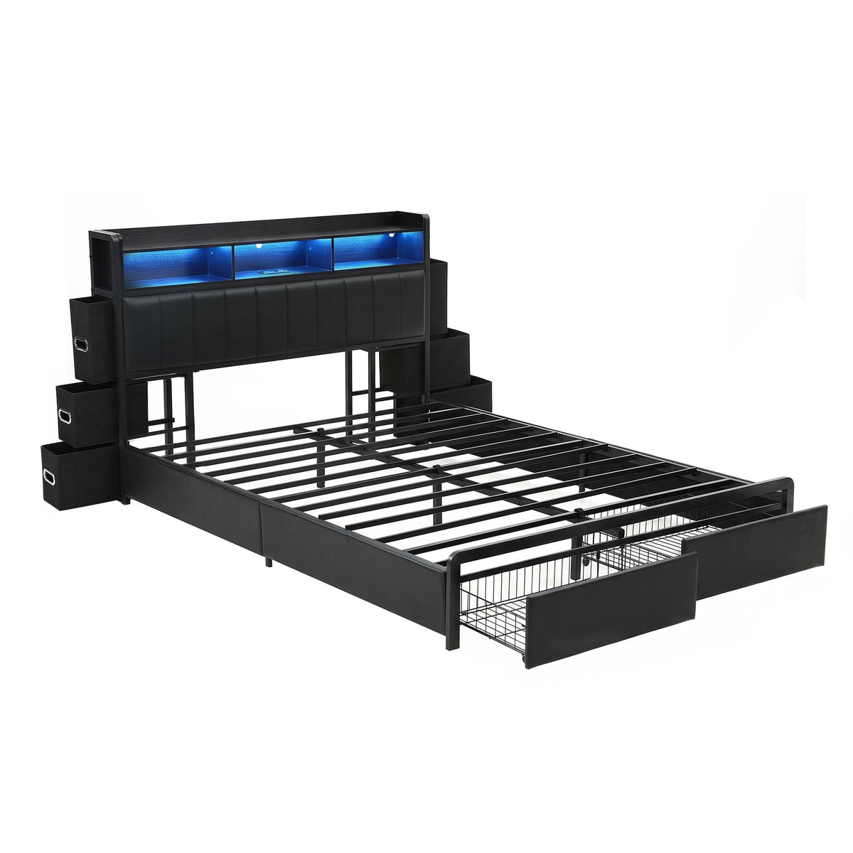 Queen Bed Frame with Storage Headboard, 2 Drawers, Charging Station & LED Light - Black