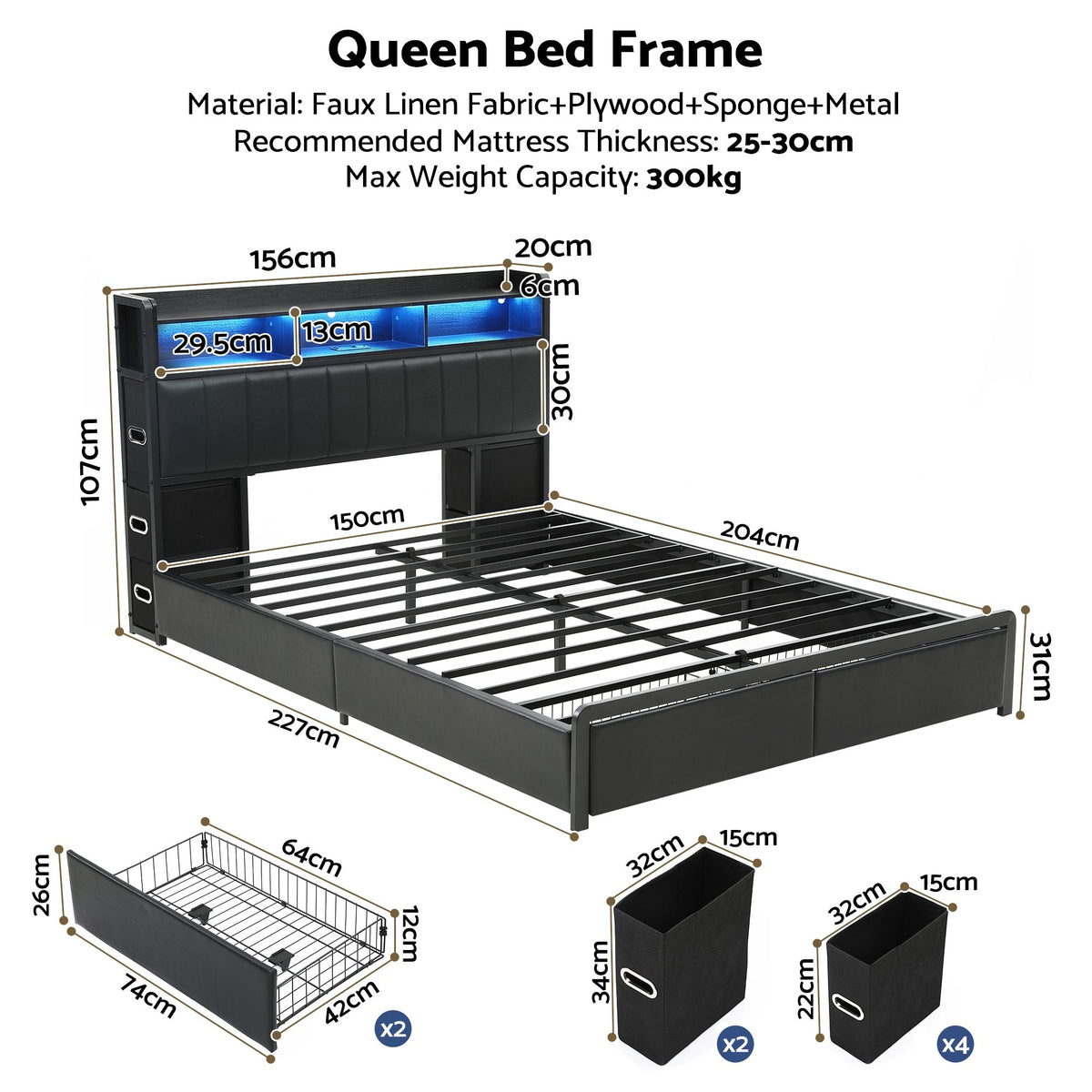 Queen Bed Frame with Storage Headboard, 2 Drawers, Charging Station & LED Light - Black