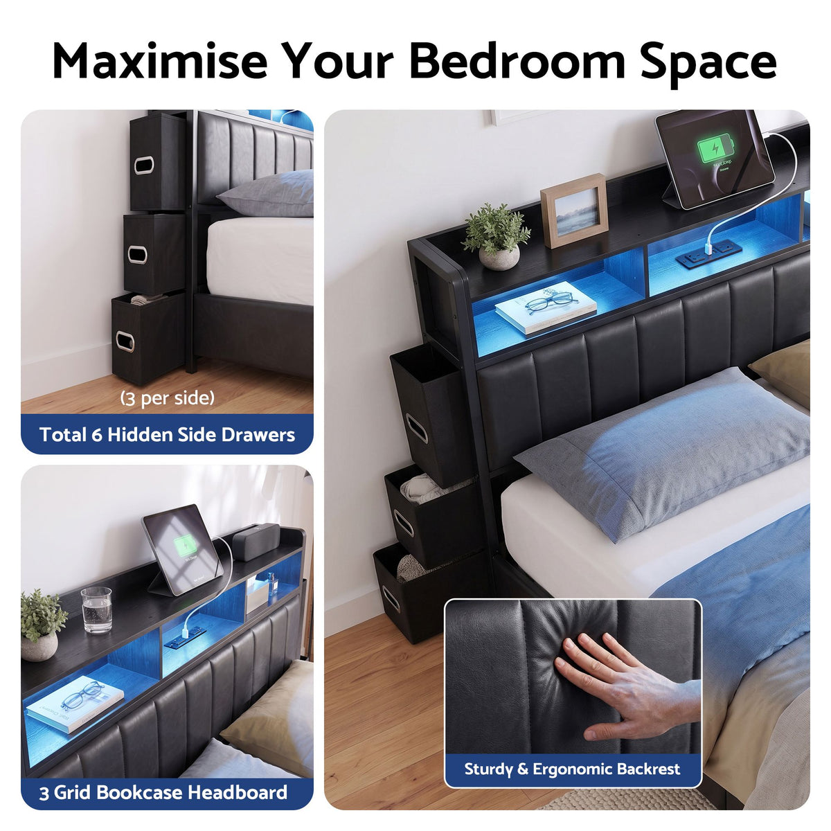 Queen Bed Frame with Storage Headboard, 2 Drawers, Charging Station & LED Light - Black