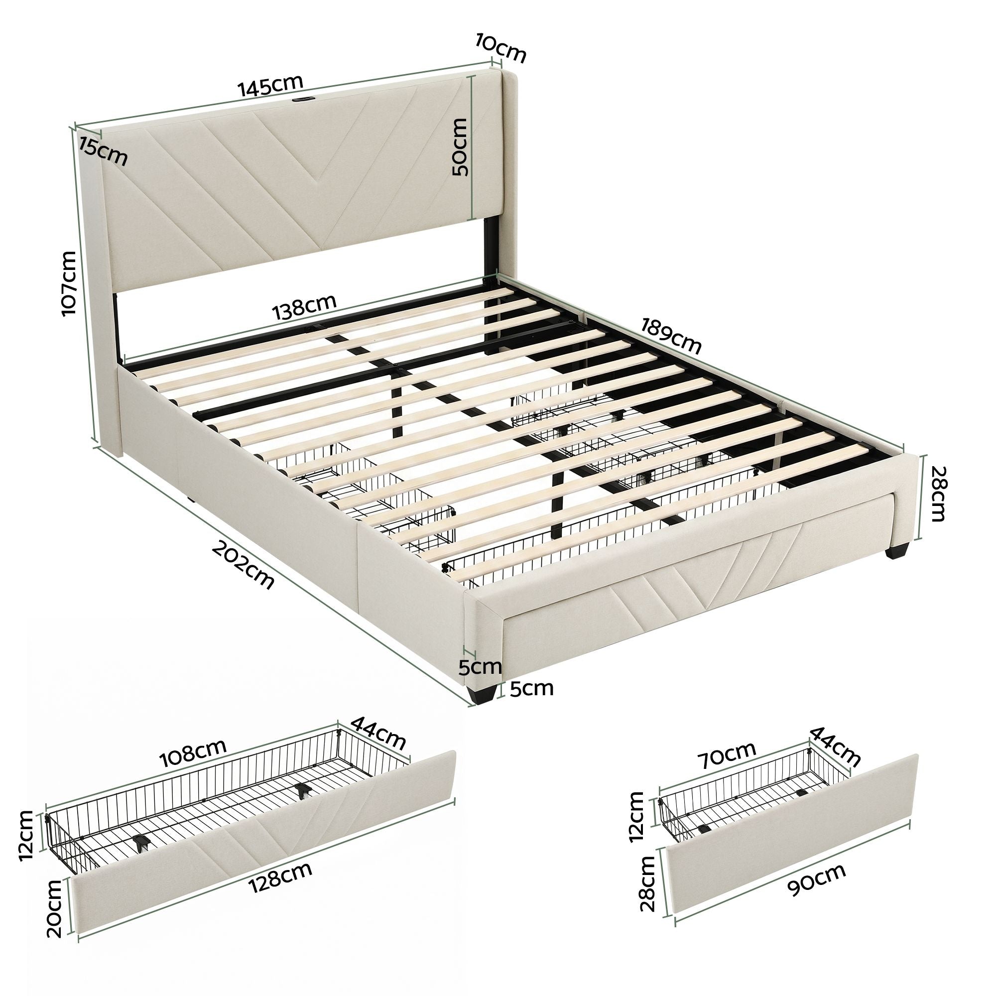Double Bed Frame with Charging Station and Storage Drawers - Beige
