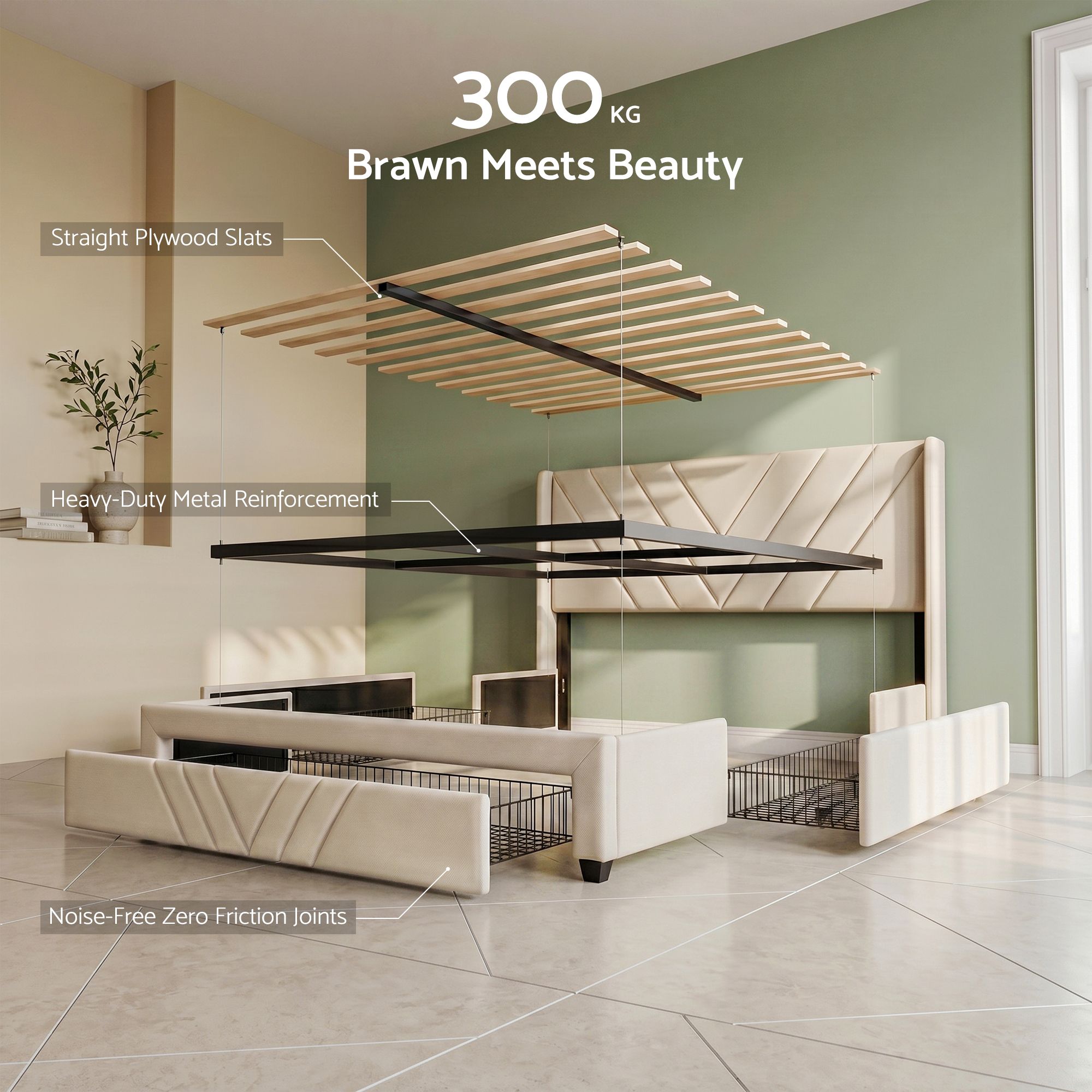 Double Bed Frame with Charging Station and Storage Drawers - Beige