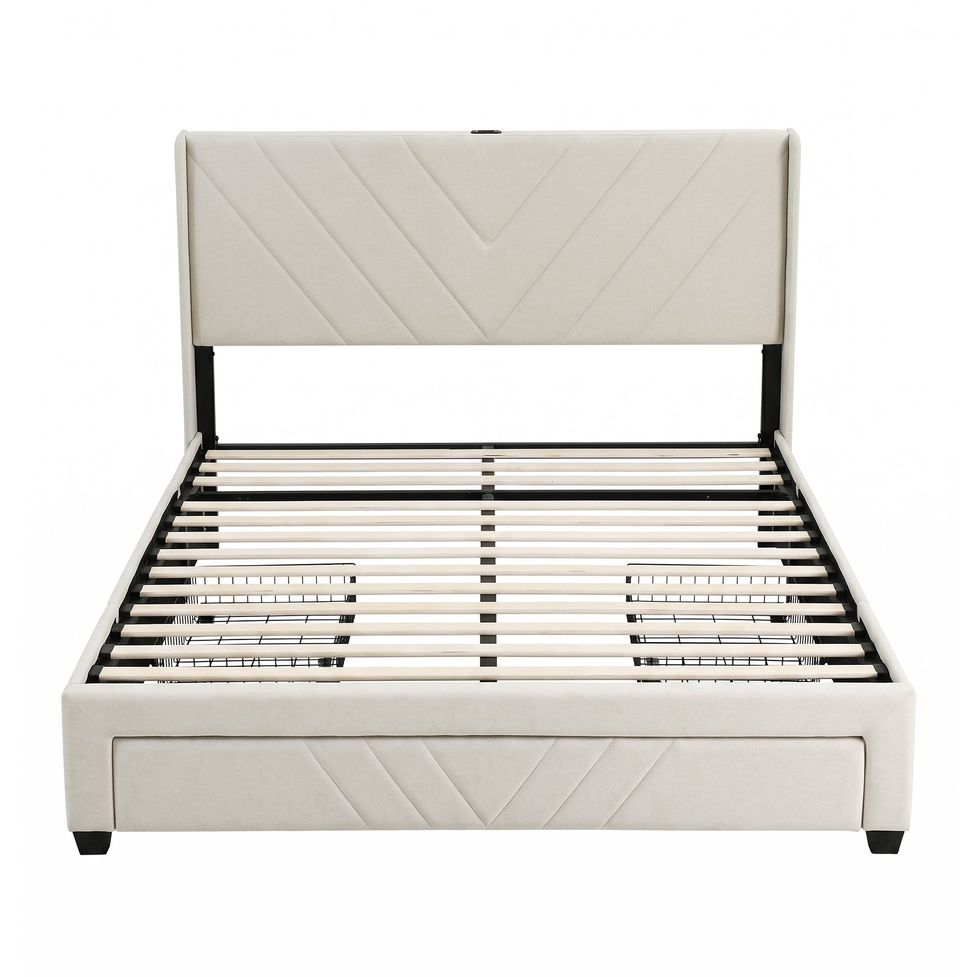 King Bed Frame with Charging Station and Storage Drawers - Beige
